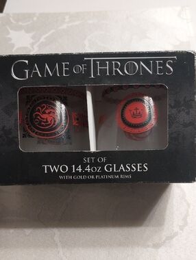 Game of Thrones NIB Set Of Two 14.4 Oz. Drinking Glasses W/Platinum Rims 4.25"